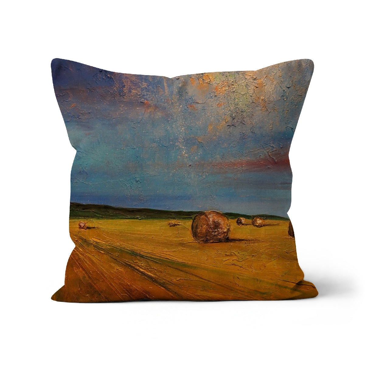 Highland Hay Bales cushion with golden hay bale rustic design