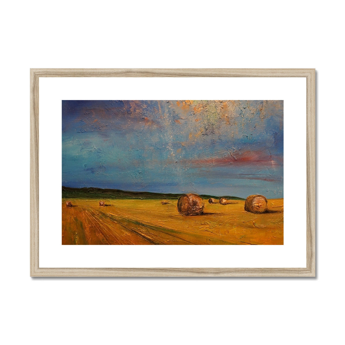 Golden hay bale art print in rustic wooden frame, Highland Hay Bales