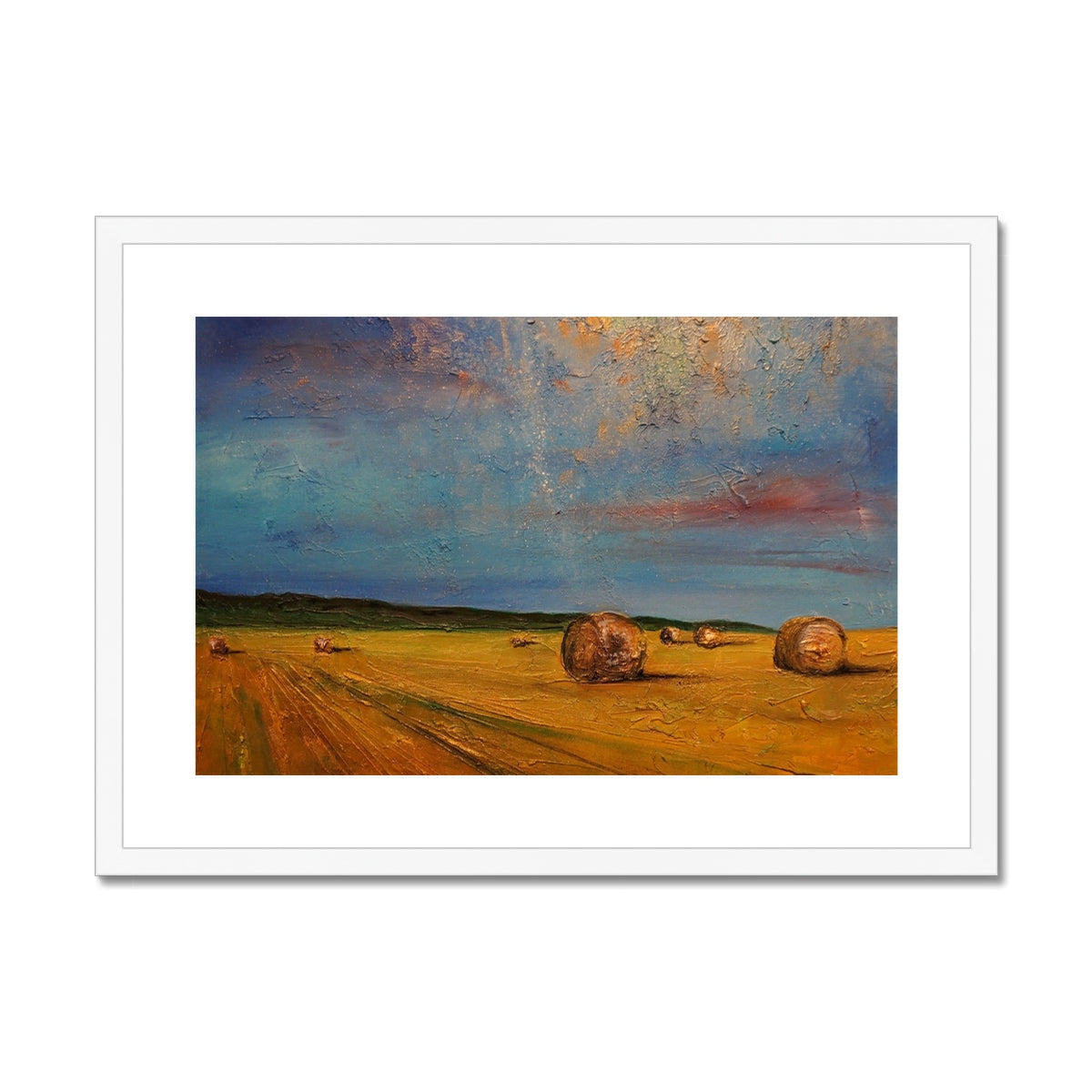 Golden hay bale art print in white frame from Highland Hay Bales