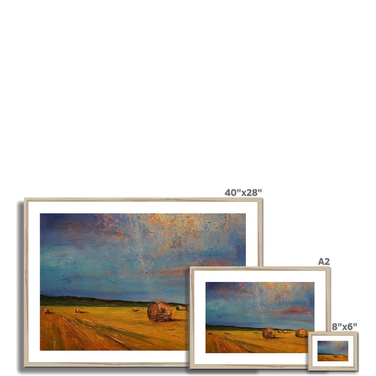 40x28 inch framed Highland Hay Bales landscape painting with golden hay bales, blue sky, white matting