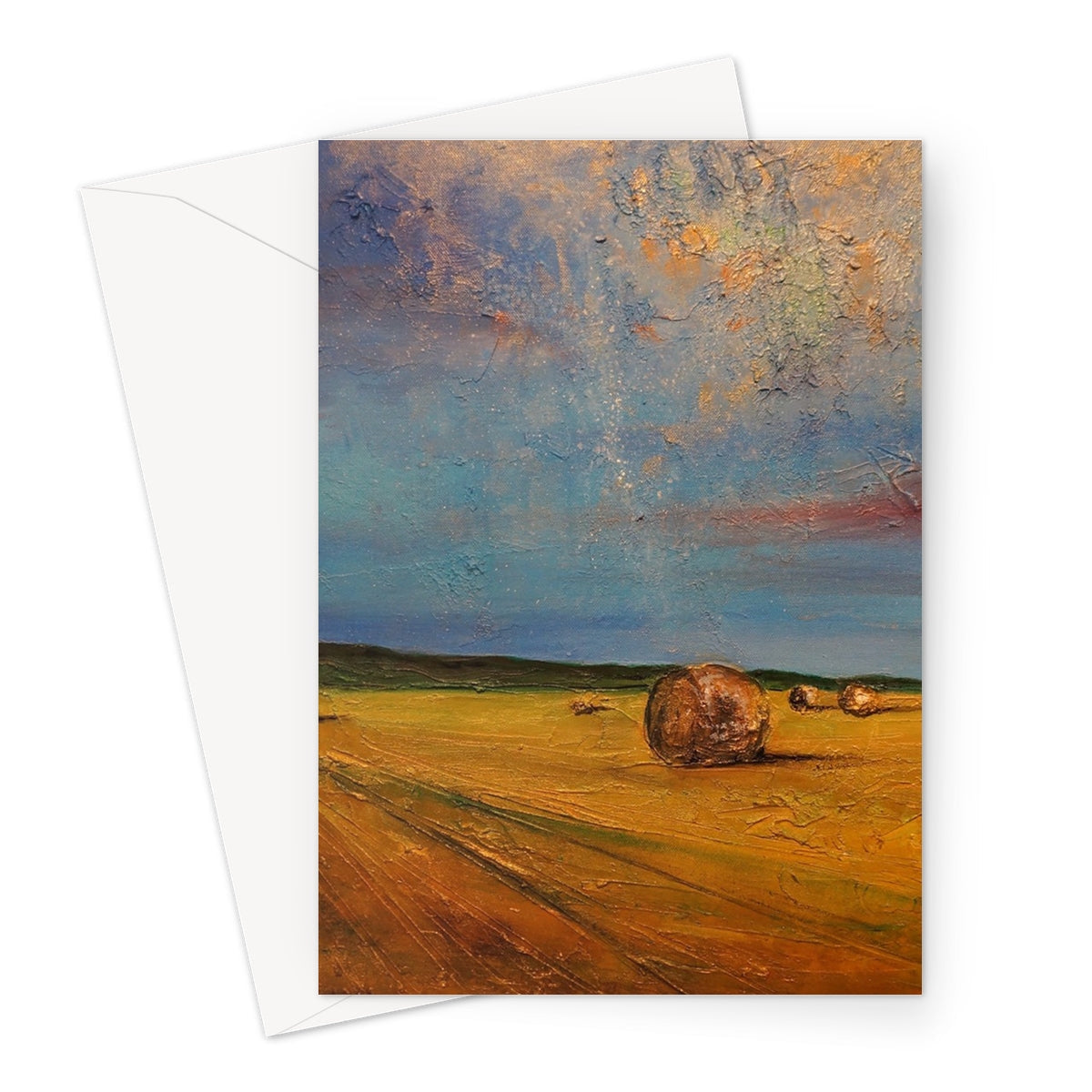 Golden hay bale greeting card with textured rustic design