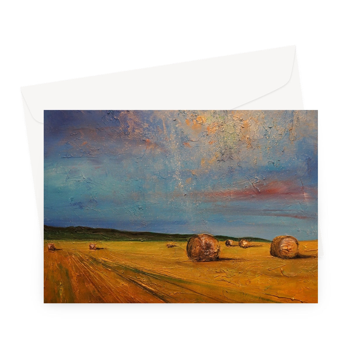 Golden hay bale cardholder with textured rustic charm in Highland Hay Bales Greeting Card