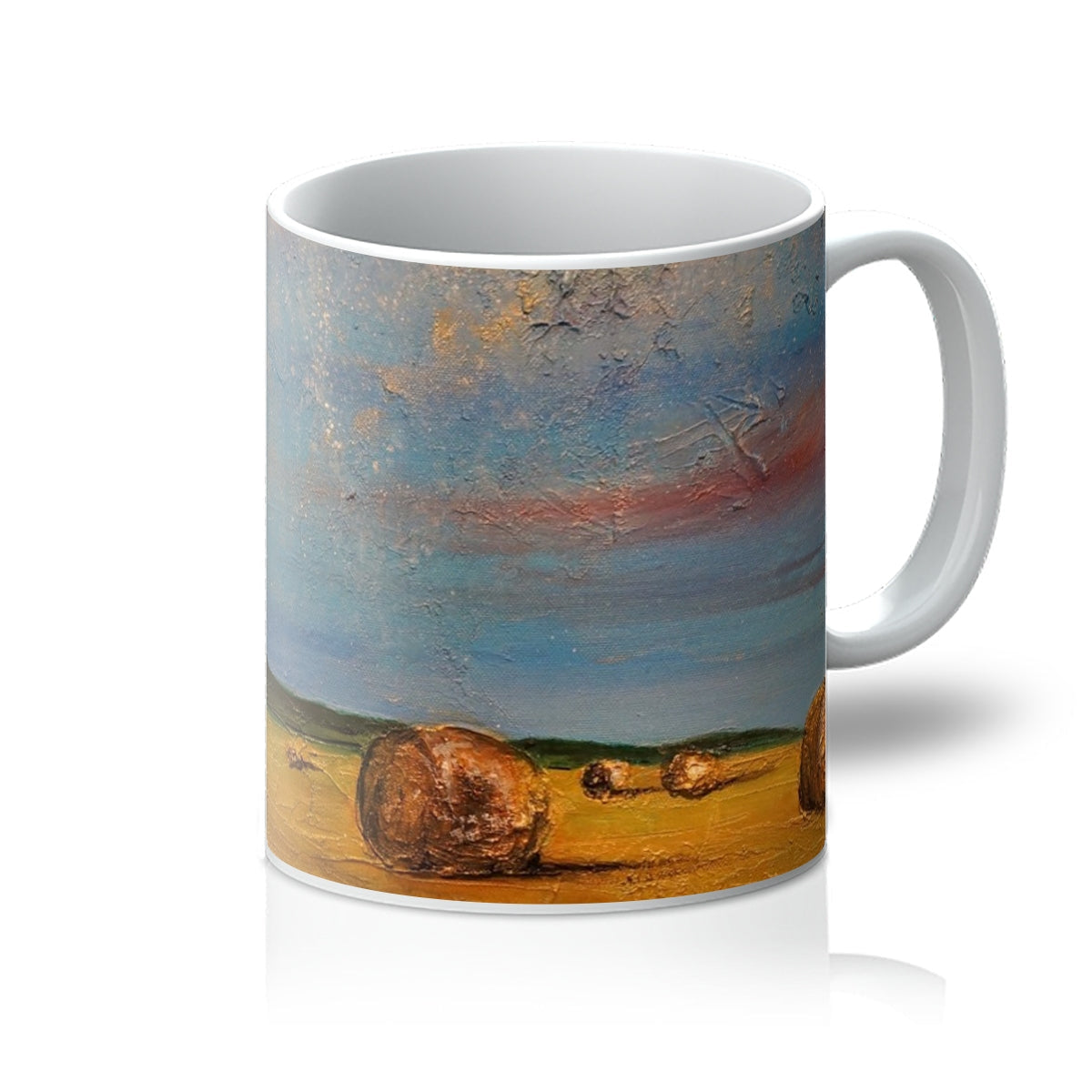 Highland Hay Bales ceramic mug with abstract hills and vibrant sky