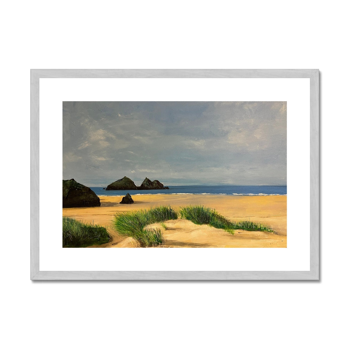 Holywell Bay Cornwall Painting | Antique Framed & Mounted Prints From Scotland-Antique Framed & Mounted Prints-World Art Gallery-A2 Landscape-Silver Frame-Paintings, Prints, Homeware, Art Gifts From Scotland By Scottish Artist Kevin Hunter
