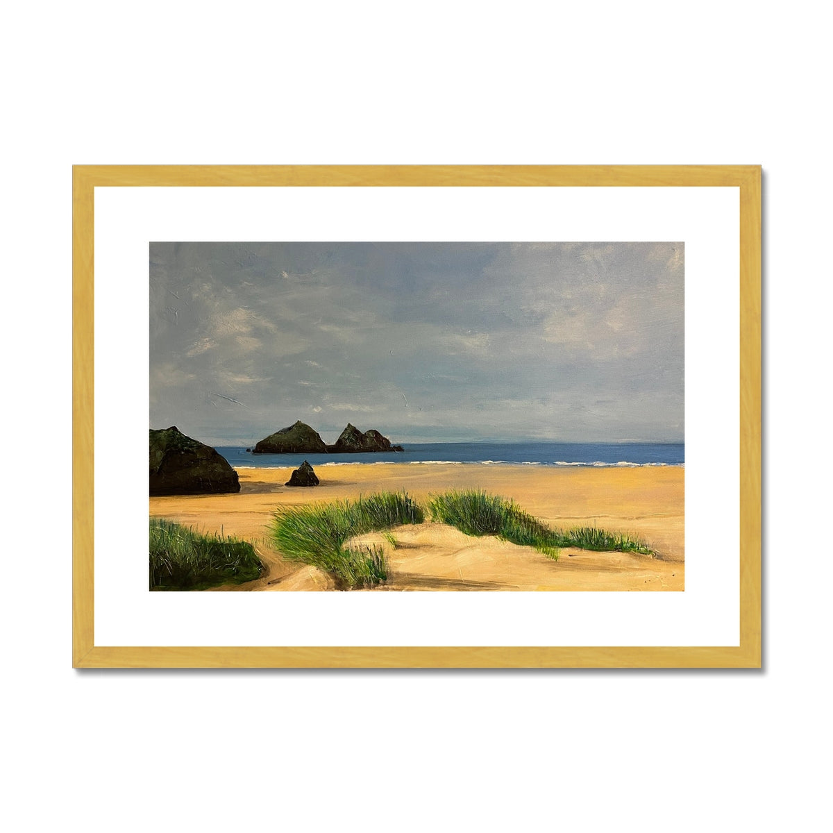 Holywell Bay Cornwall Painting | Antique Framed & Mounted Prints From Scotland-Antique Framed & Mounted Prints-World Art Gallery-A2 Landscape-Gold Frame-Paintings, Prints, Homeware, Art Gifts From Scotland By Scottish Artist Kevin Hunter