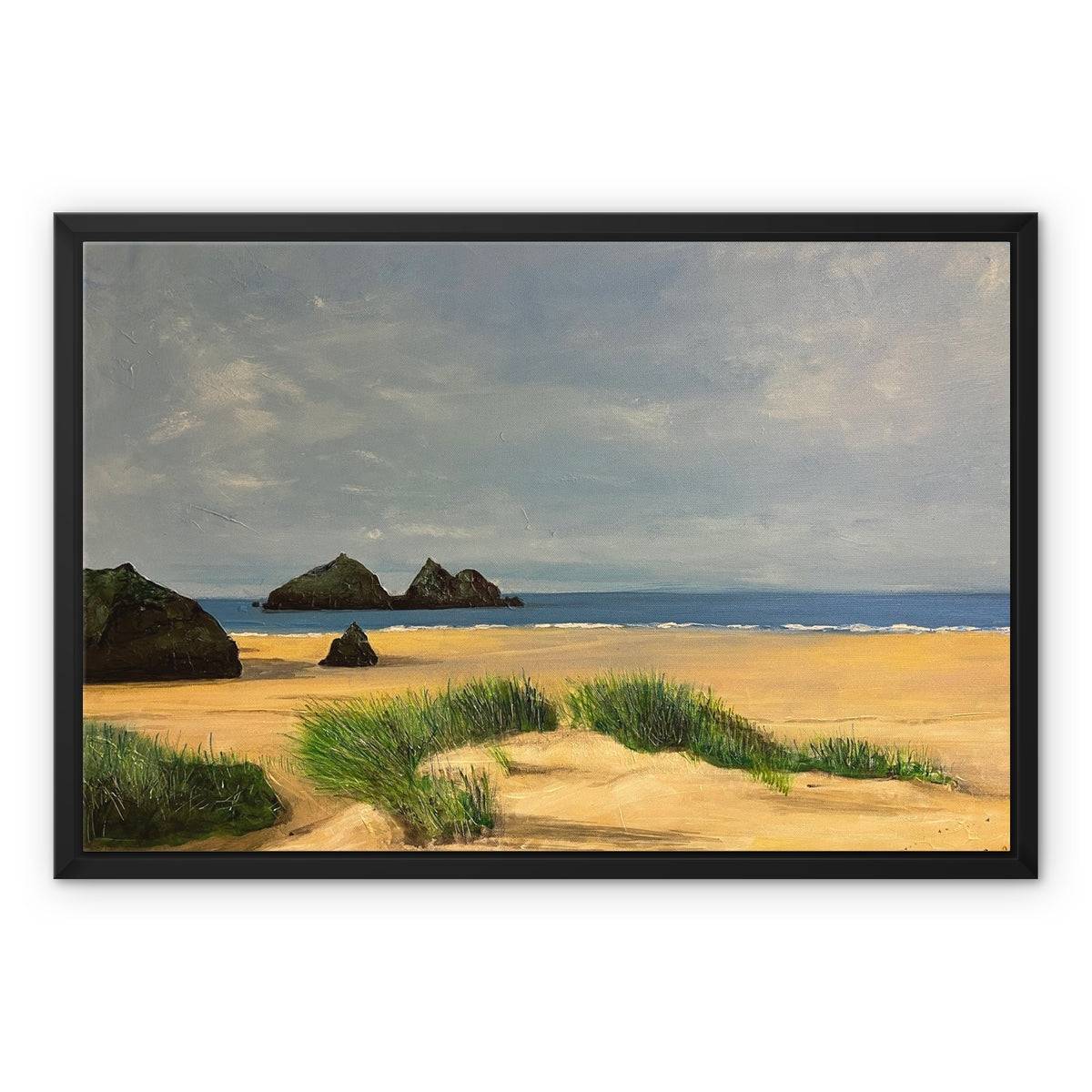 Holywell Bay Cornwall Painting | Framed Canvas From Scotland-Floating Framed Canvas Prints-World Art Gallery-24"x18"-Paintings, Prints, Homeware, Art Gifts From Scotland By Scottish Artist Kevin Hunter