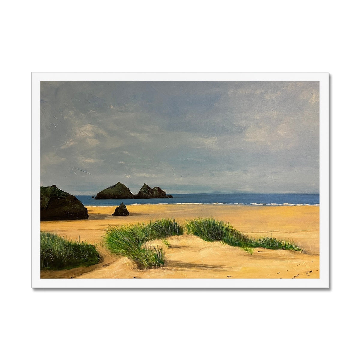 Holywell Bay Cornwall Painting | Framed Prints From Scotland-Framed Prints-World Art Gallery-A2 Landscape-White Frame-Paintings, Prints, Homeware, Art Gifts From Scotland By Scottish Artist Kevin Hunter
