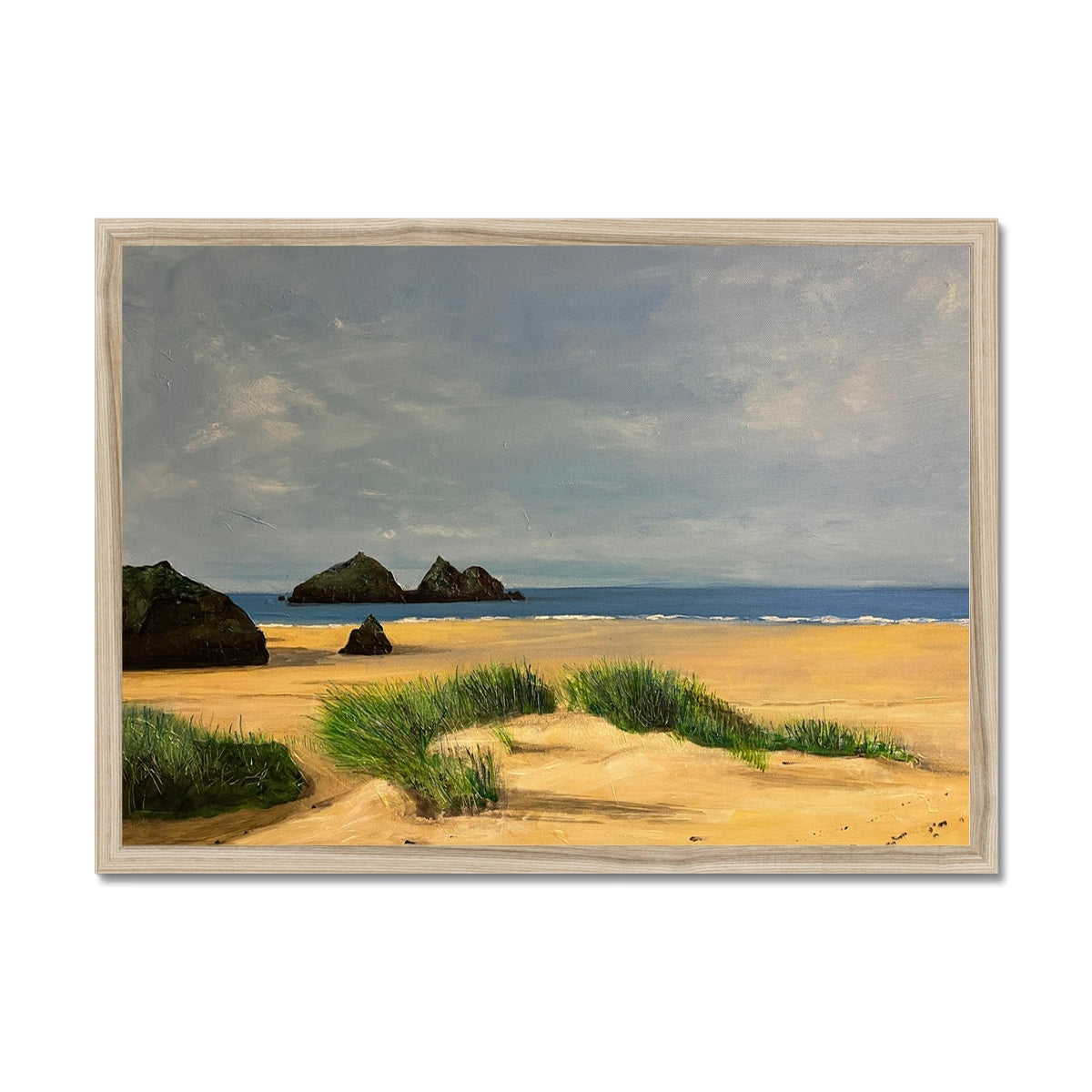 Holywell Bay Cornwall Painting | Framed Prints From Scotland-Framed Prints-World Art Gallery-A2 Landscape-Natural Frame-Paintings, Prints, Homeware, Art Gifts From Scotland By Scottish Artist Kevin Hunter