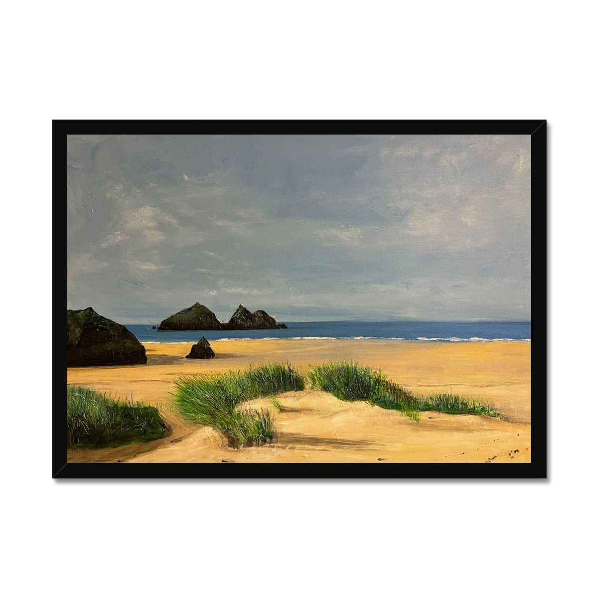 Holywell Bay Cornwall Painting | Framed Prints From Scotland-Framed Prints-World Art Gallery-A2 Landscape-Black Frame-Paintings, Prints, Homeware, Art Gifts From Scotland By Scottish Artist Kevin Hunter
