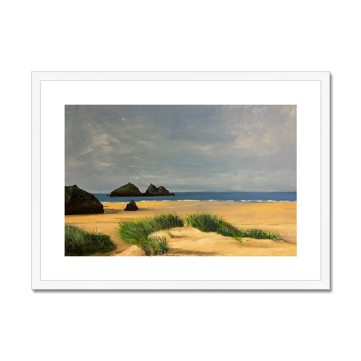 Holywell Beach Cornwall framed print of sandy shore grasses rocks