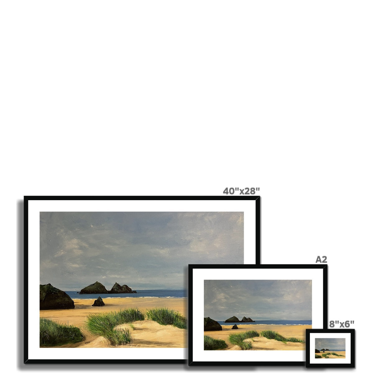 40x28 inch black framed Holywell Beach Cornwall landscape print