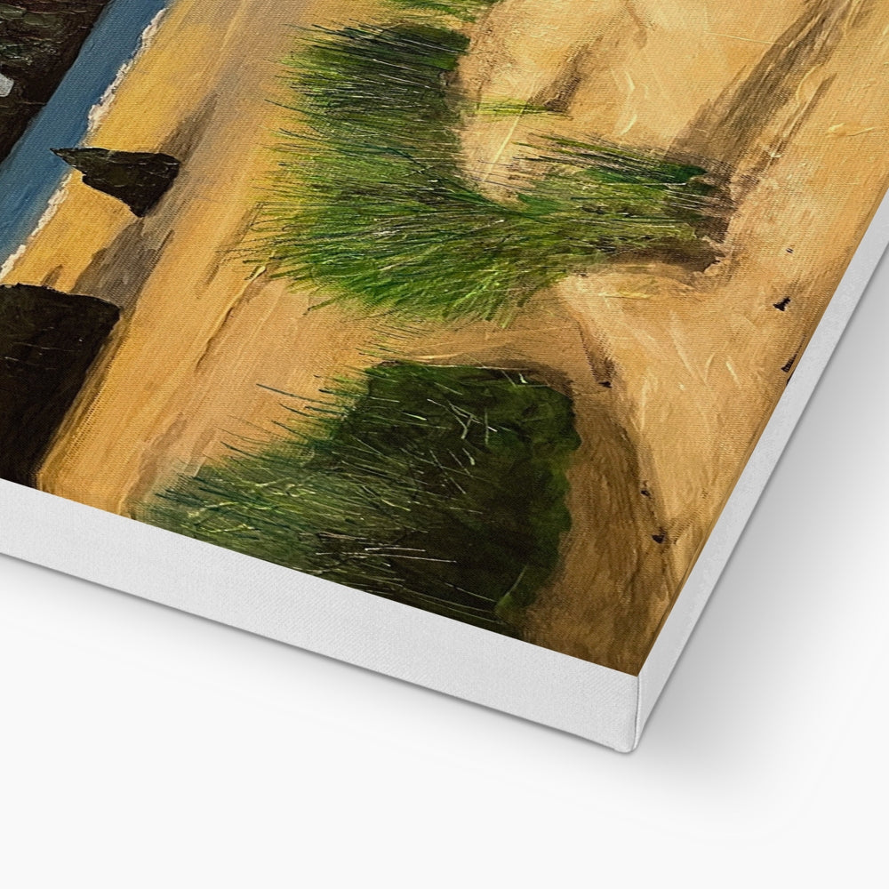 Gold and green abstract canvas painting with black accents, Holywell Beach Cornwall