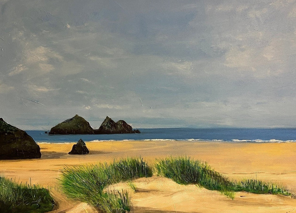 Coastal landscape painting of Holywell Beach Cornwall showcasing vibrant seaside scenery