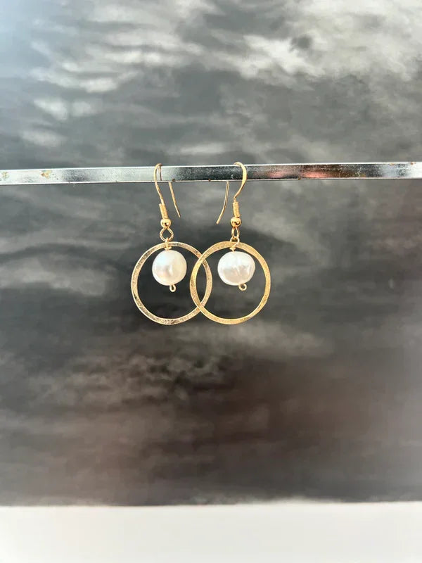 Gold hoop earrings with white pearls, Genna Miller Jewellery