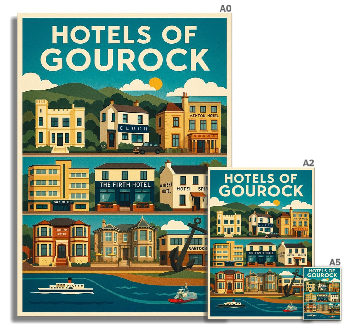 Vintage Gourock hotels travel poster with colorful buildings and boats