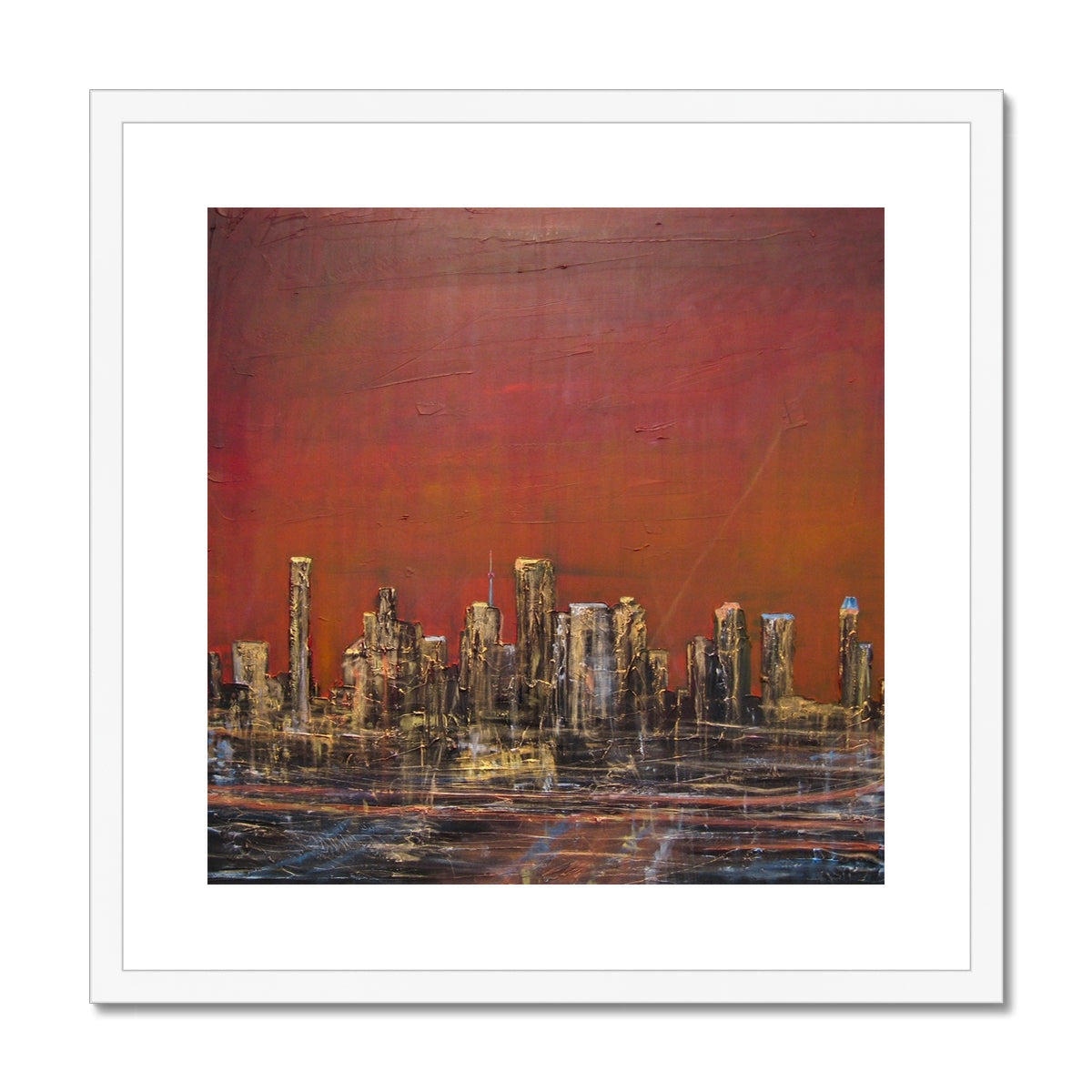 Red and black abstract Houston Texas cityscape art print in white frame