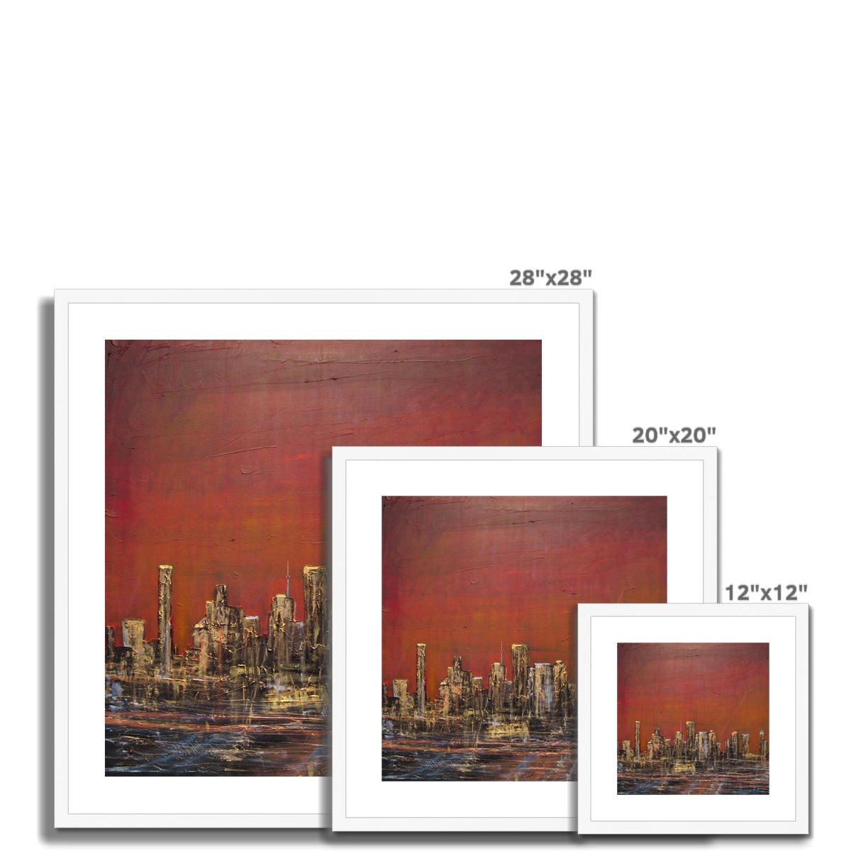 28x28 Framed Houston Texas Cityscape Art Print with Red Orange Sky and Gold Skyscrapers