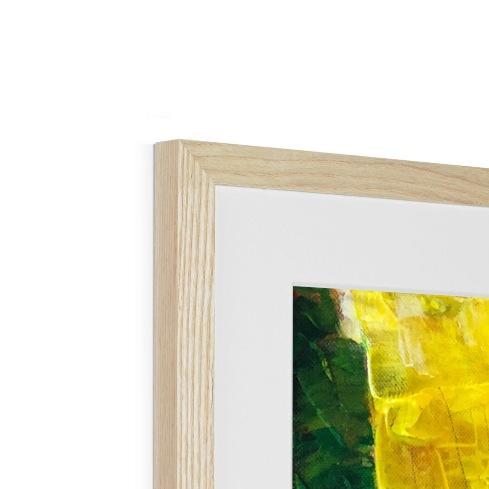 Light oak frame with white mat and abstract yellow Hypericum bee art