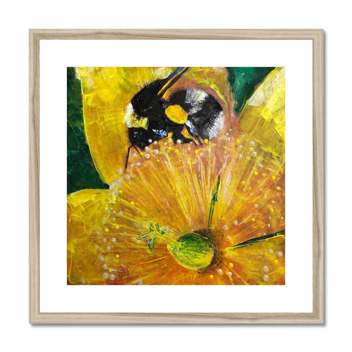 Yellow and black floral Hypericum bee print in wooden frame