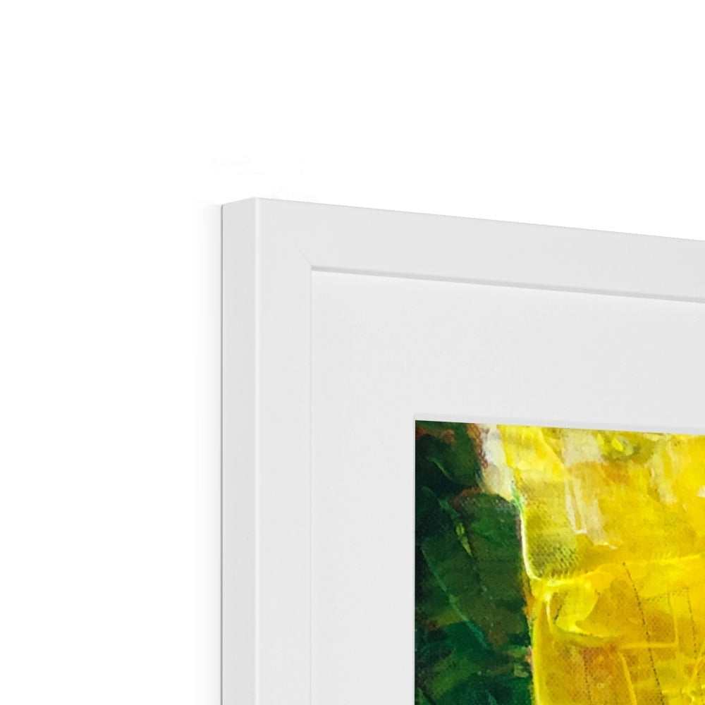 White rectangular frame with yellow green abstract Hypericum Bee painting