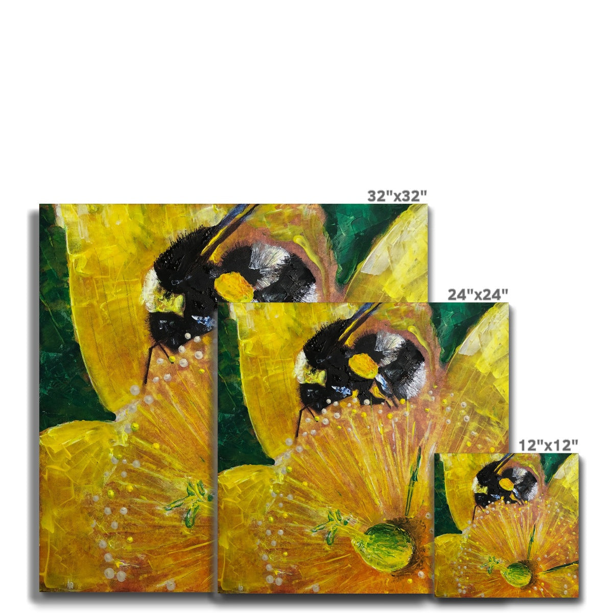 Yellow Hypericum flower and bee canvas art print, 12x12 inches