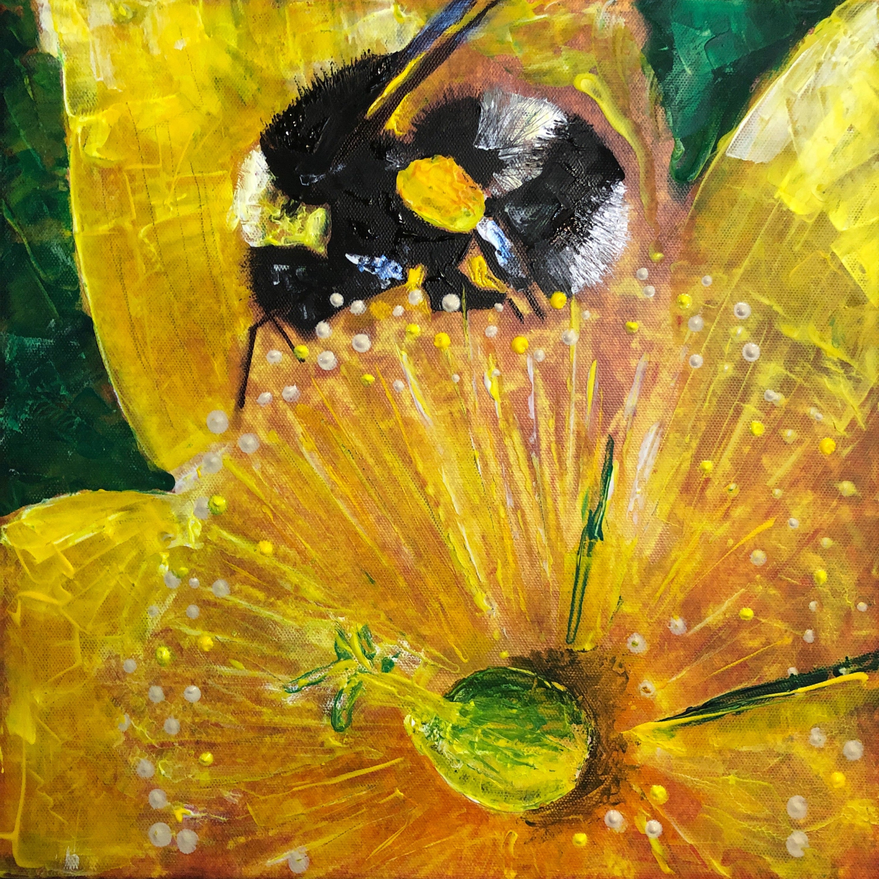 Yellow black striped bumblebee on vibrant textured Hypericum flower in Scottish painting