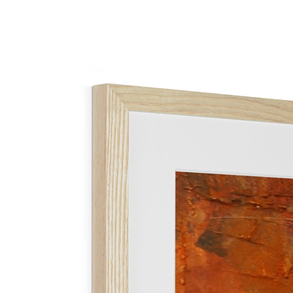Impressions of Glencoe abstract orange art print in natural wood frame