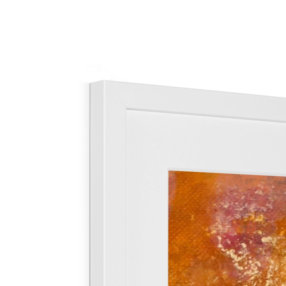 White framed Impressions Of Glencoe ii abstract art print in gold and pink hues