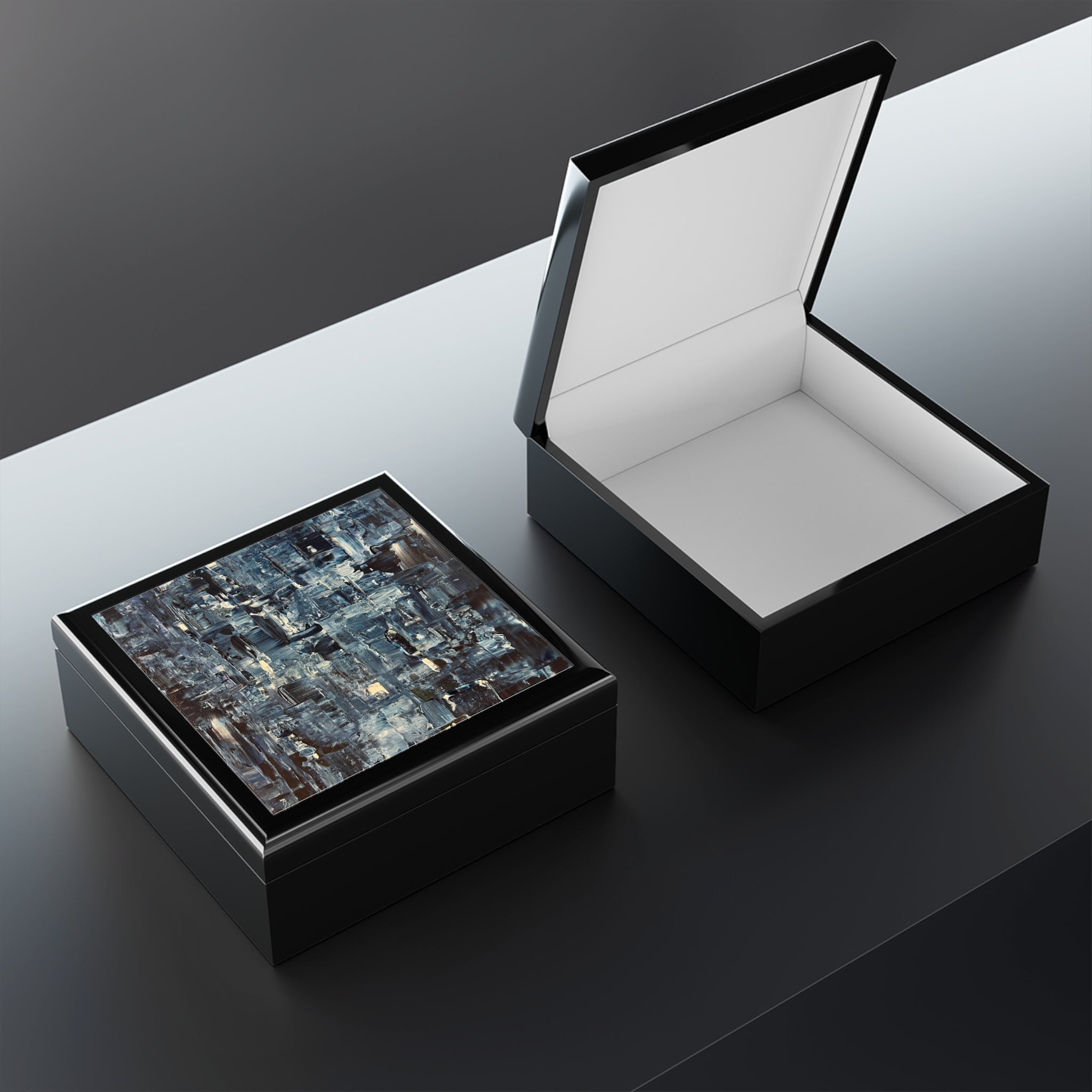 Inception Art Jewellery Box Scotland with black exterior and white interior, open and closed