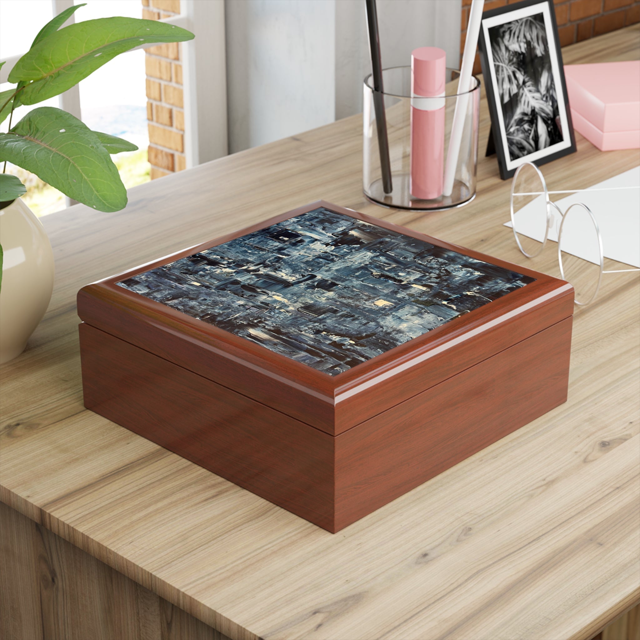 Rectangular wooden Inception Art Jewellery Box with dark abstract pattern on lid
