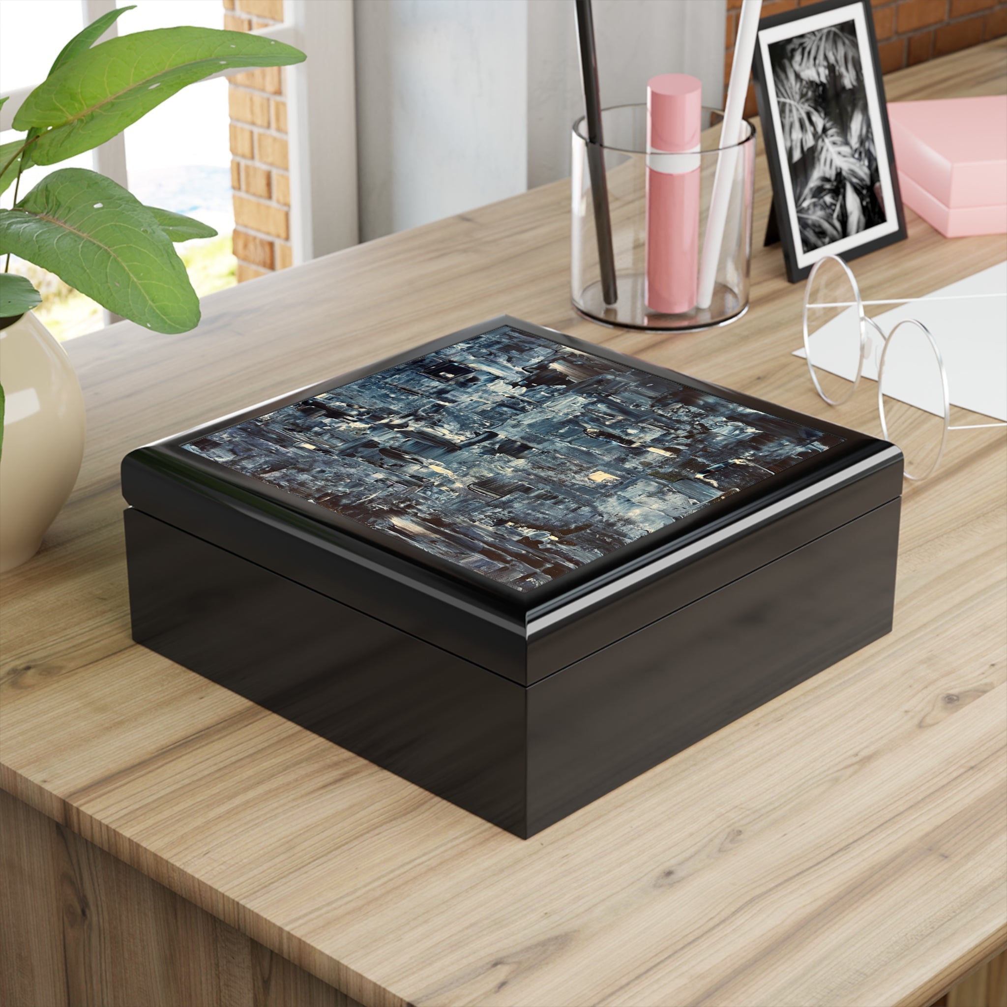 Black wooden keepsake box with vibrant abstract art lid for Inception Art Jewellery Box Scotland