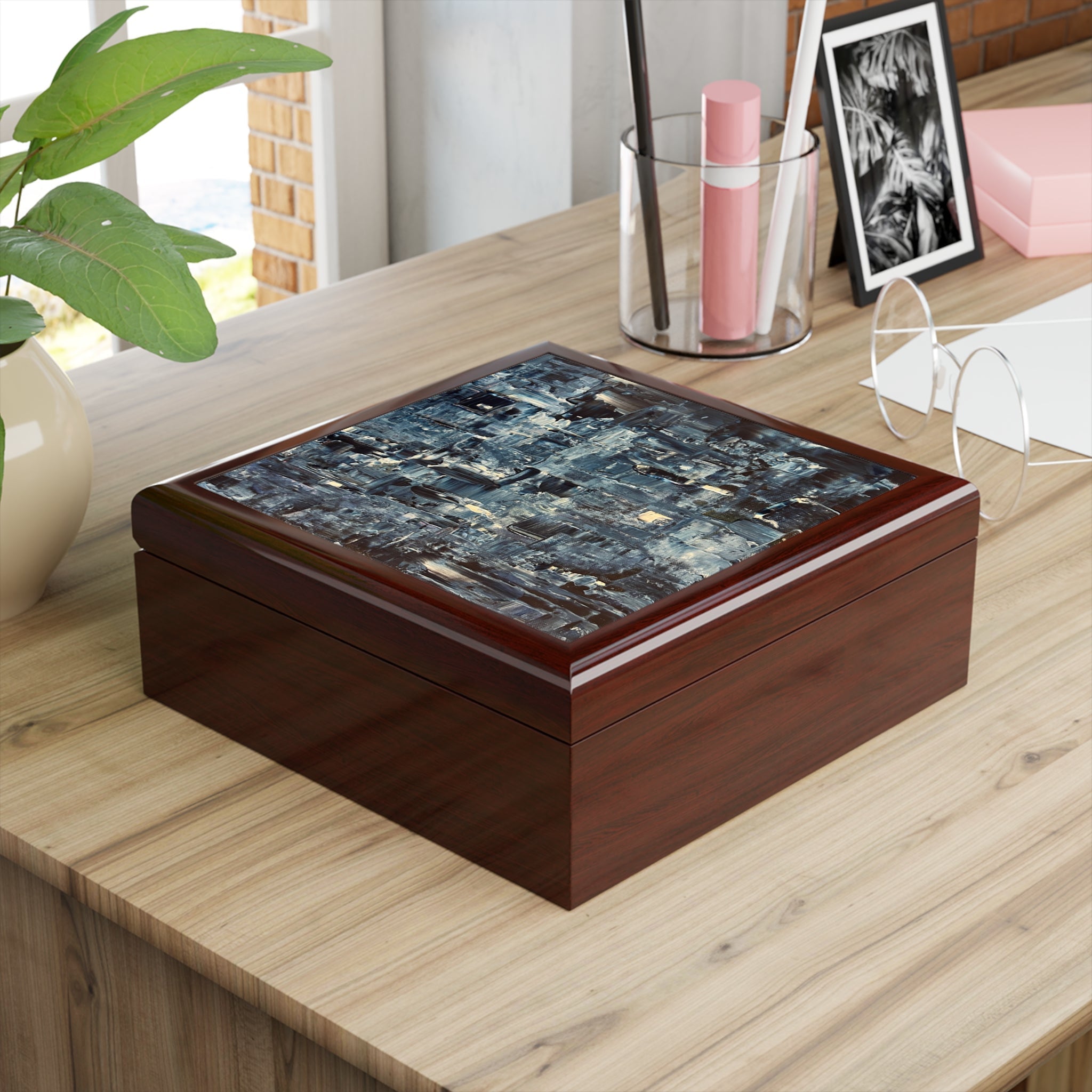 Dark brown wooden Inception Art Jewellery Box with vibrant glossy abstract top