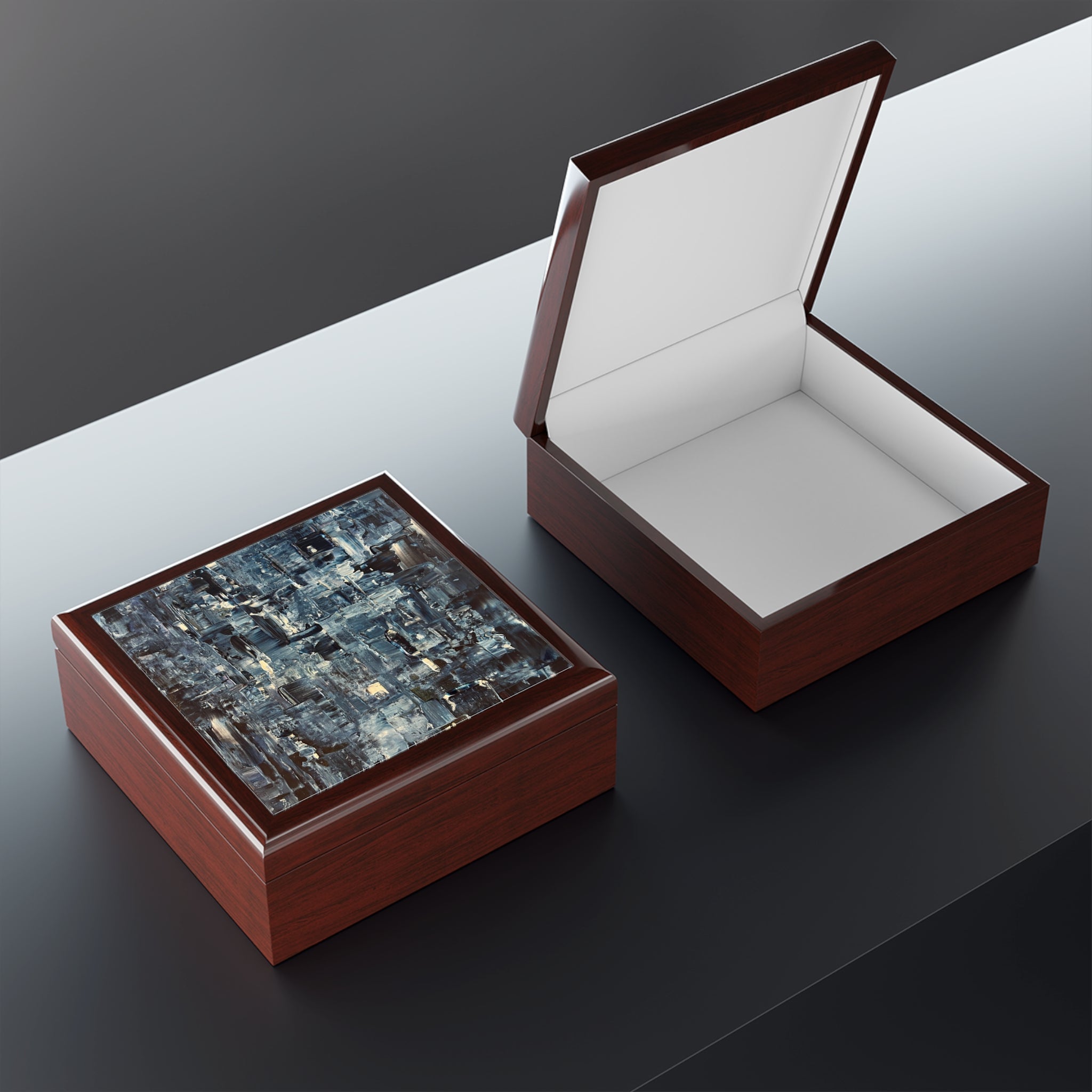 Two rectangular wooden keepsake boxes, one open and one closed with mosaic lid, Inception Art Jewellery Box Scotland