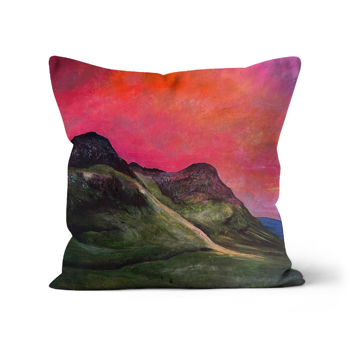 18x18 inch Into The Glencoe Dusk Cushion with vibrant mountain landscape