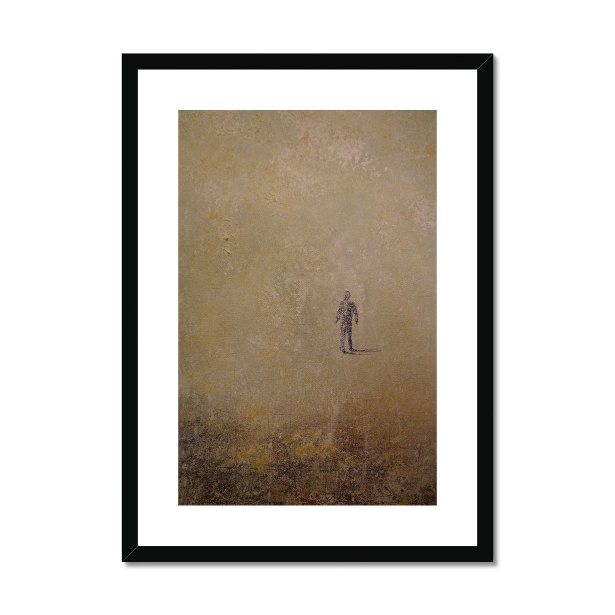 Black framed minimalist Into The Munro Mist art print with solitary figure in abstract landscape
