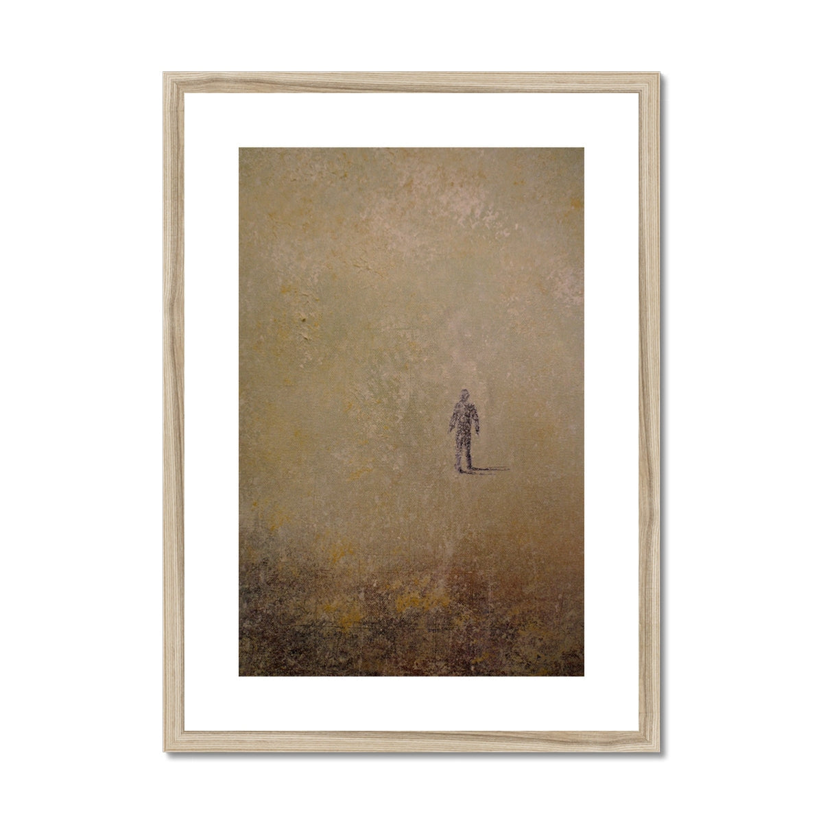 Gold rectangular frame with white mat and artwork of person walking on sand in Into The Munro Mist Art Prints