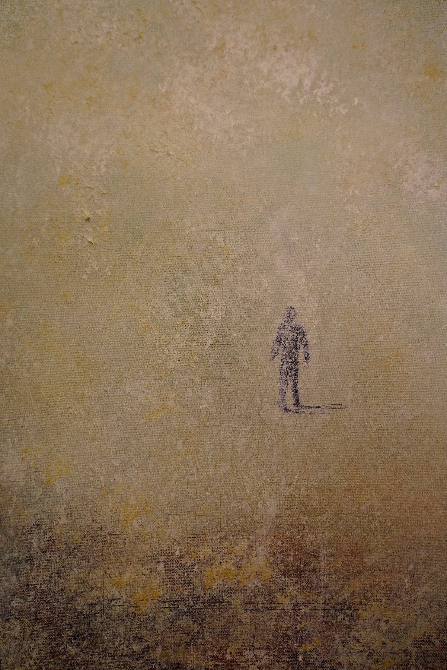 Solitary figure in muted textured Scottish landscape for Into The Munro Mist wall art