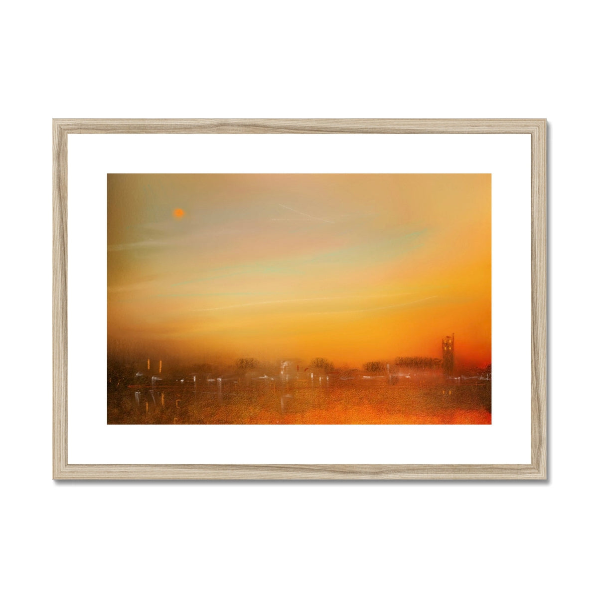Inveraray Dusk wooden-framed sunset print in warm orange hues