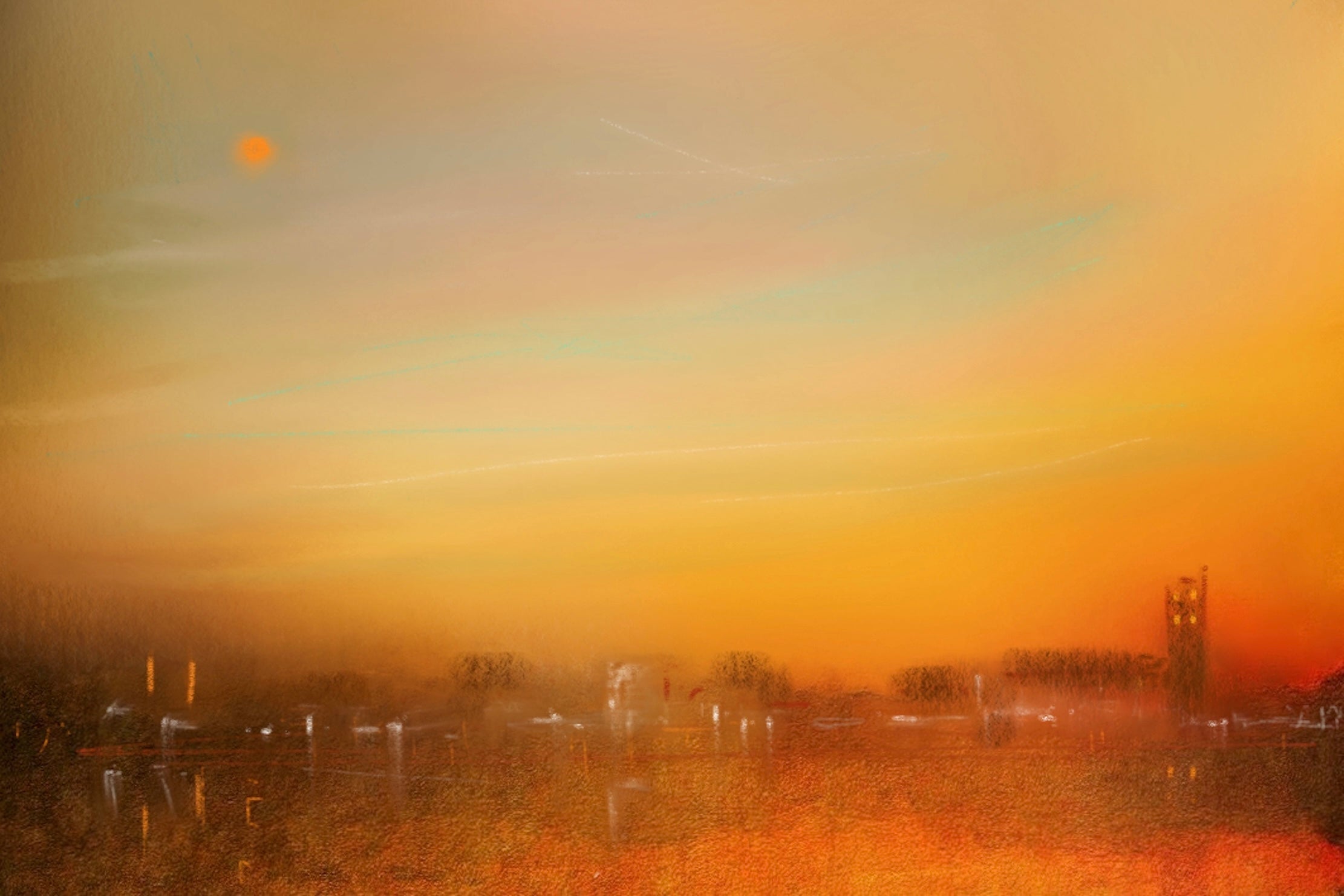 Inveraray Dusk painting of orange yellow gradient sunset sky with clouds