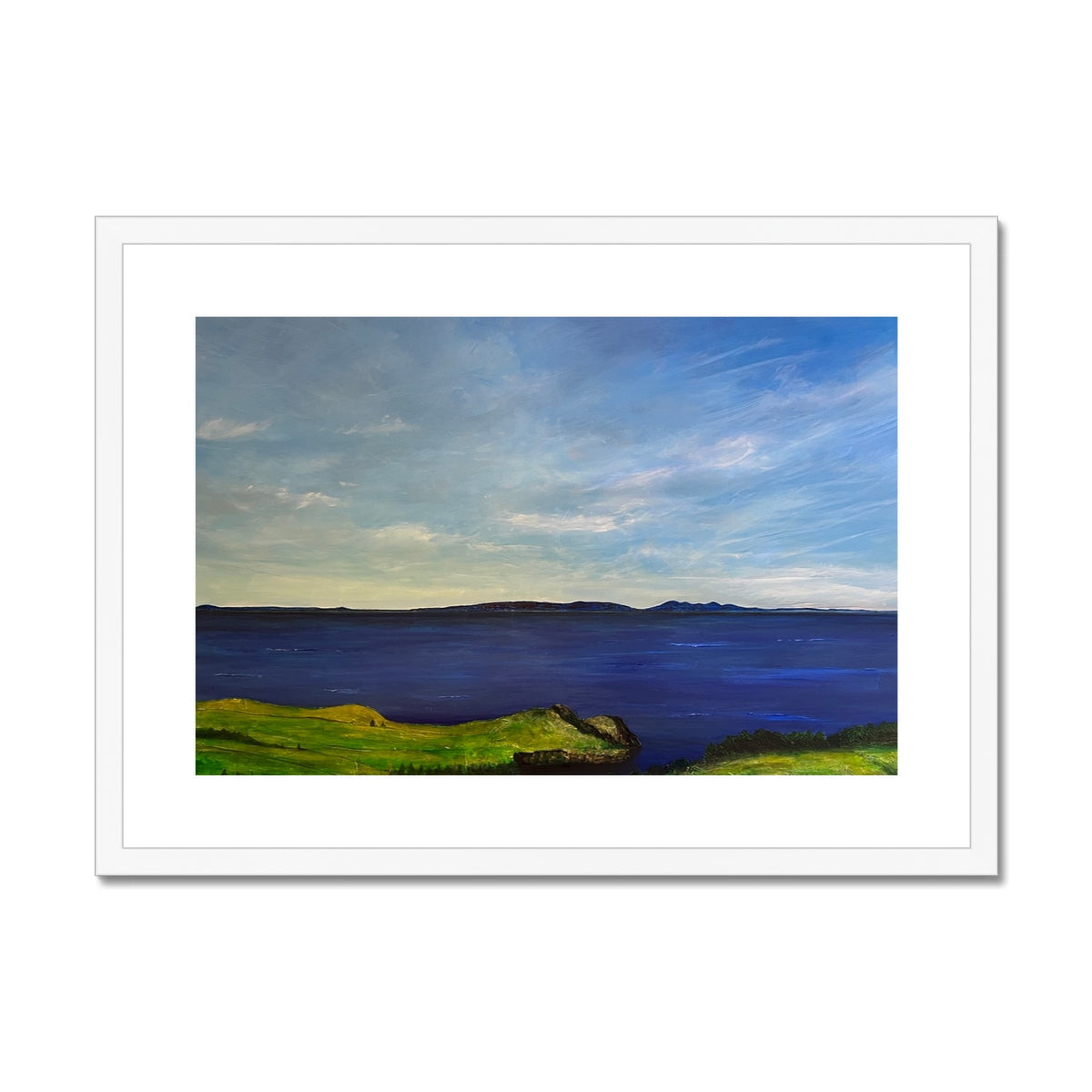 White framed canvas print of coastal landscape from Ireland to Scotland