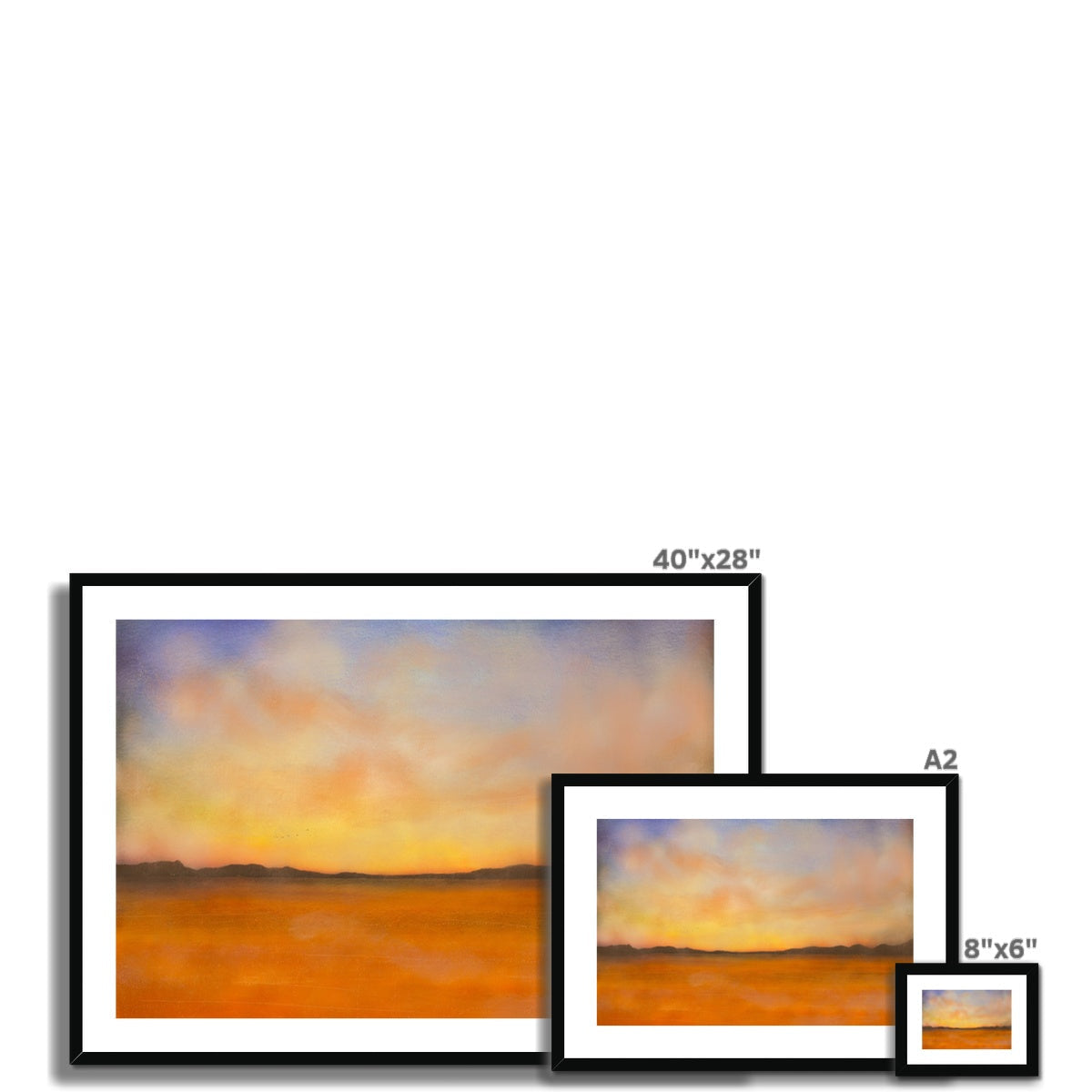 40x28in framed Islay Dawn landscape painting in orange purple hues black frame