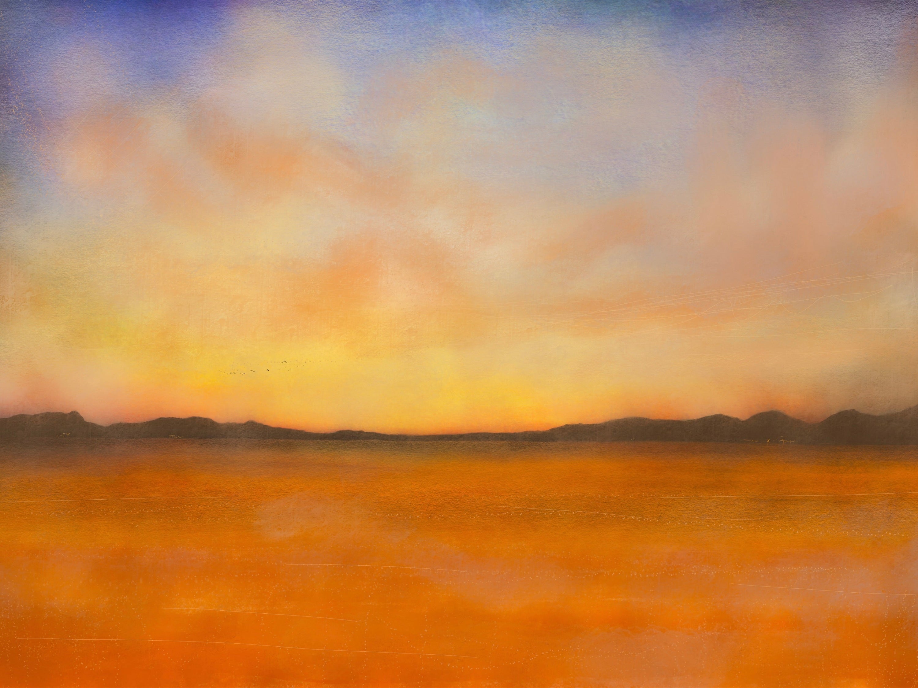 Sunset landscape painting titled Islay Dawn Original Painting displayed on a wall