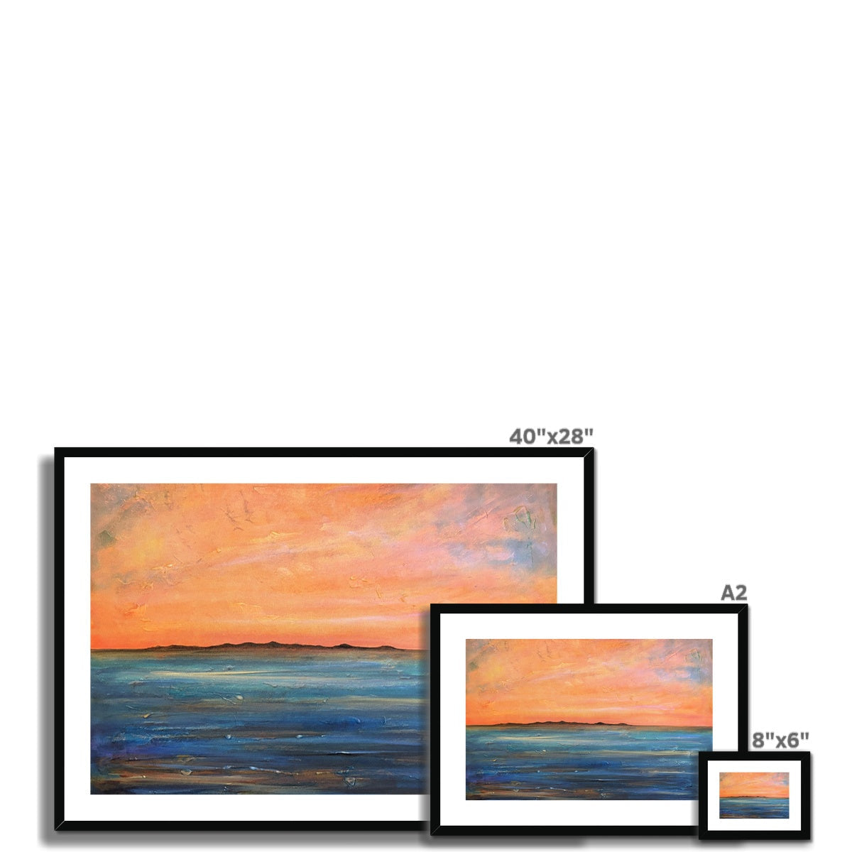 Framed 40x28 inch sunset landscape print of The Isle of Gigha with black frame and white mat
