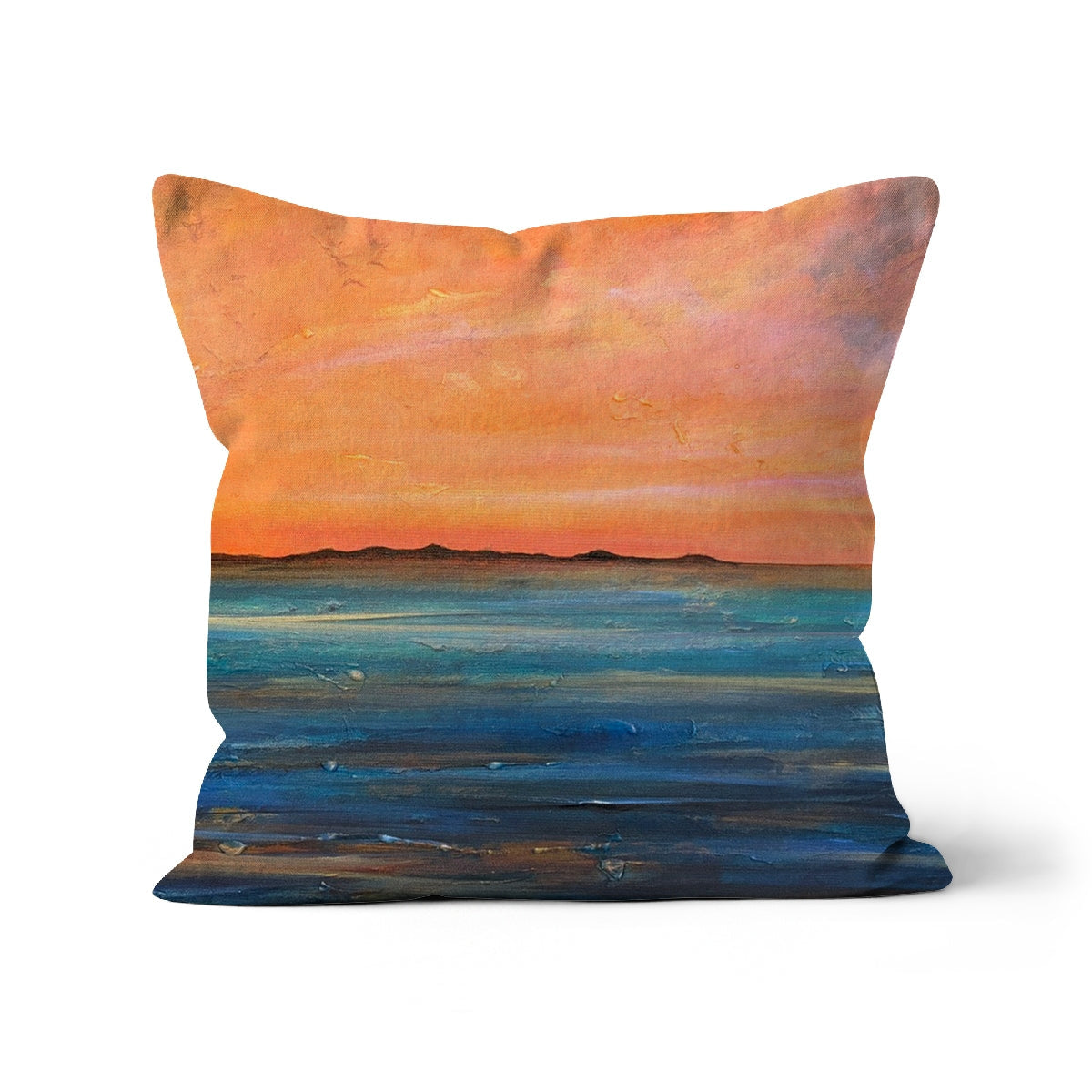 The Isle Of Gigha Cushion: orange sunset pillow cover with blue ocean design, cotton