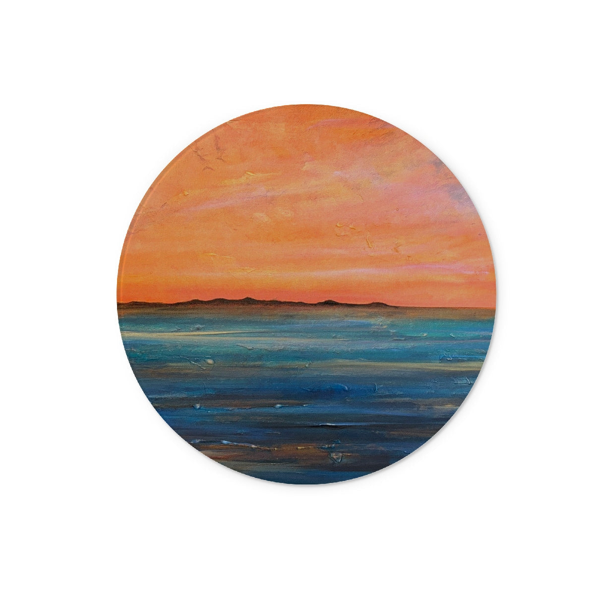 Orange sunset textured circular coaster on Isle Of Gigha Glass Chopping Board