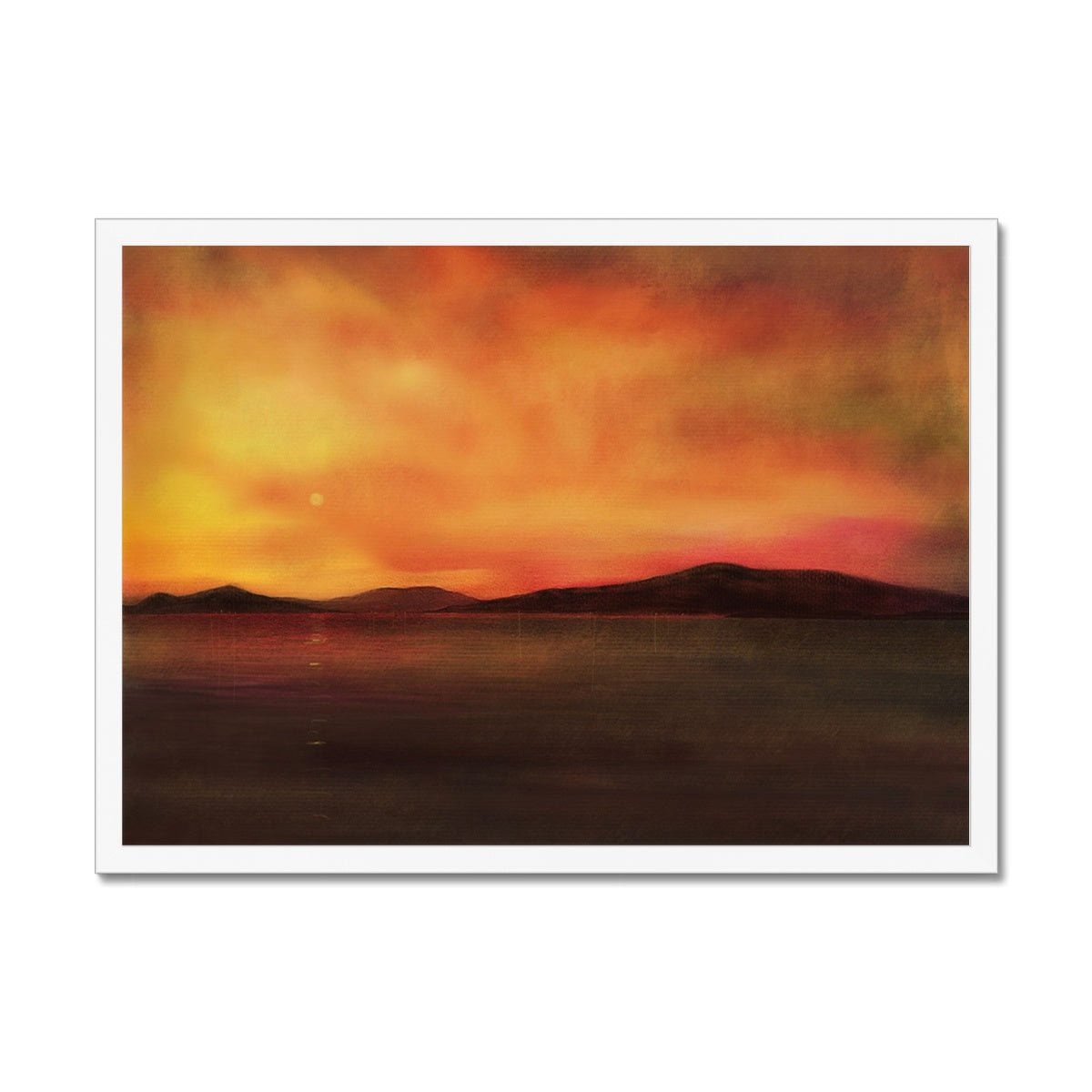 Isle Of Harris Sunset Painting | Framed Prints From Scotland-Framed Prints-Hebridean Islands Art Gallery-A2 Landscape-White Frame-Paintings, Prints, Homeware, Art Gifts From Scotland By Scottish Artist Kevin Hunter