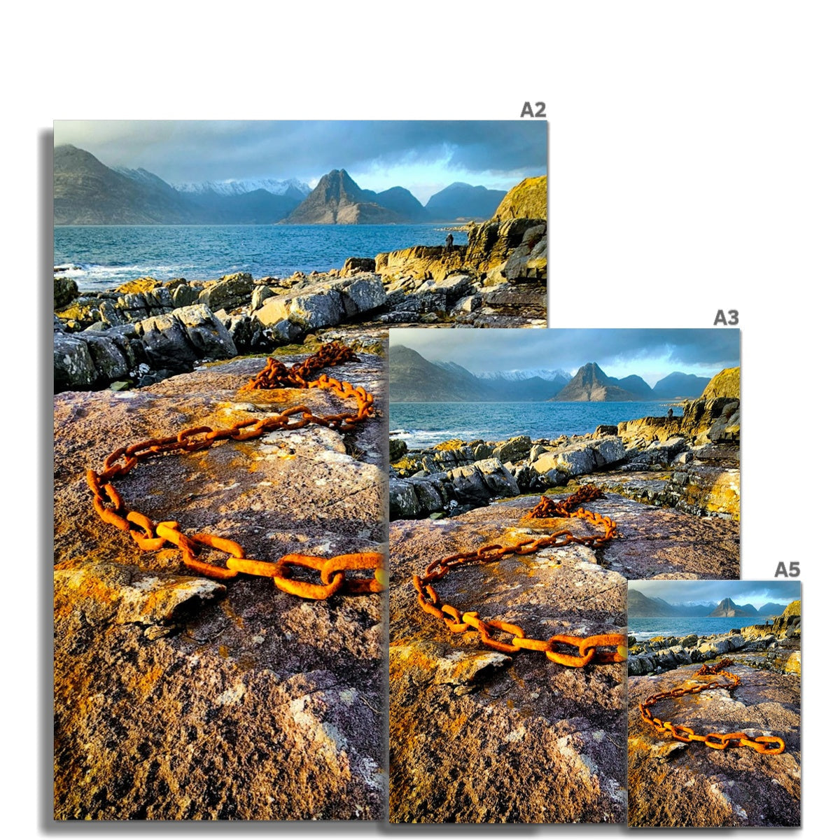 Rusty orange chain on rugged rock, Isle of Skye Elgol Beach print