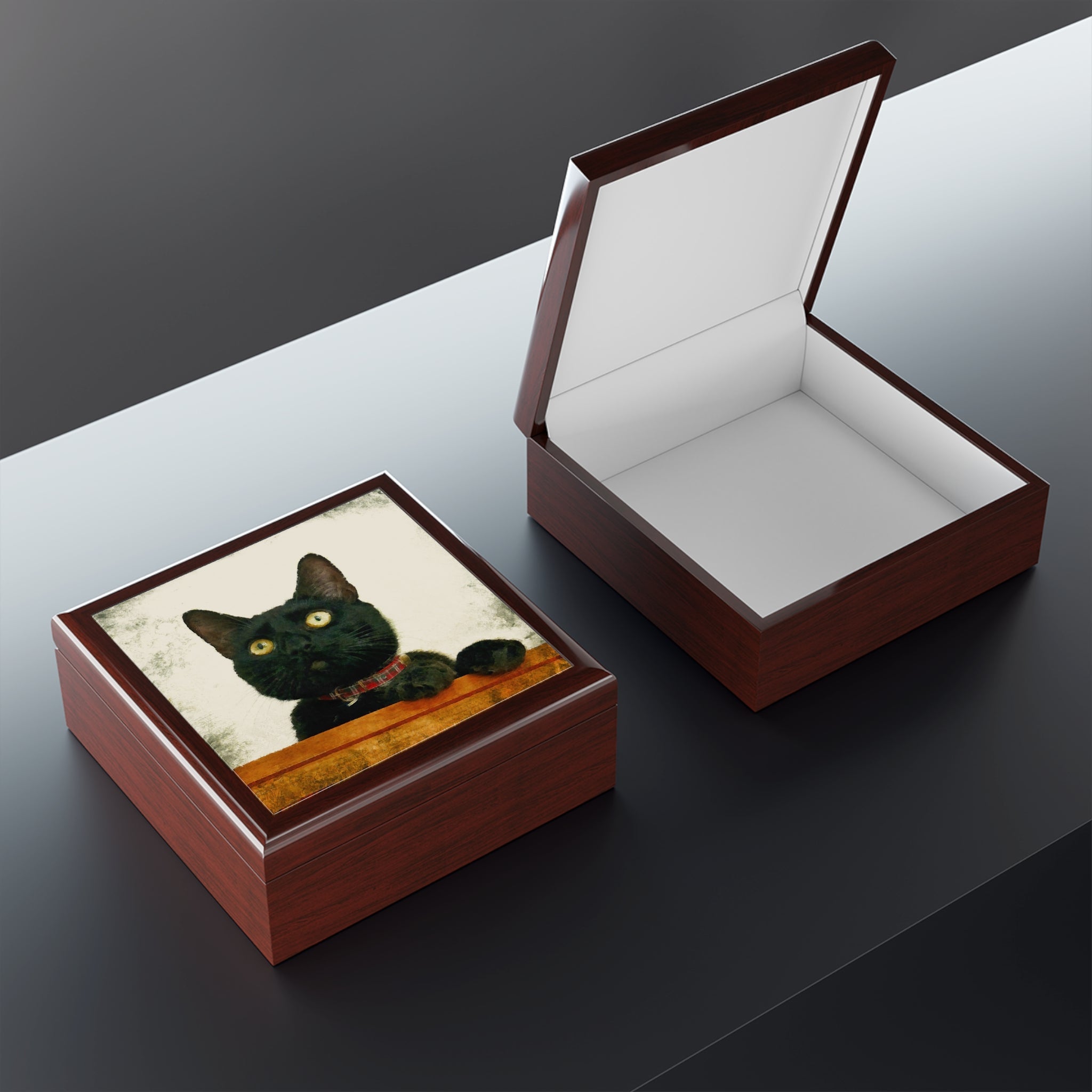 Juno pet portrait jewellery box with black cat on wooden lid, Scotland