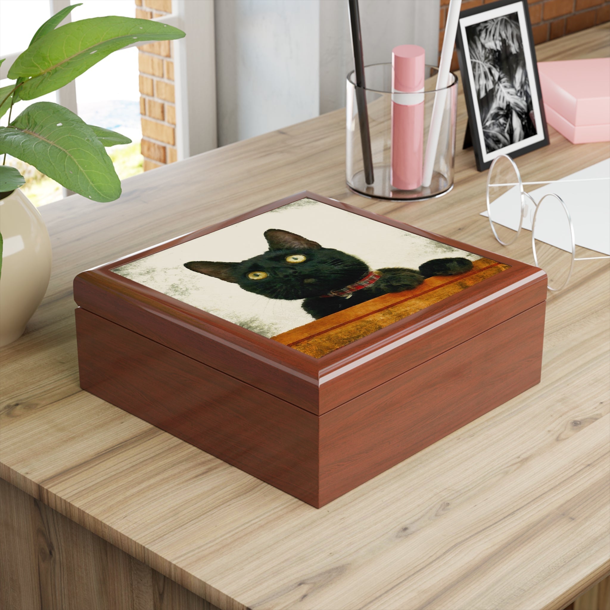 Juno wooden pet portrait jewellery box with black cat illustration, Scotland