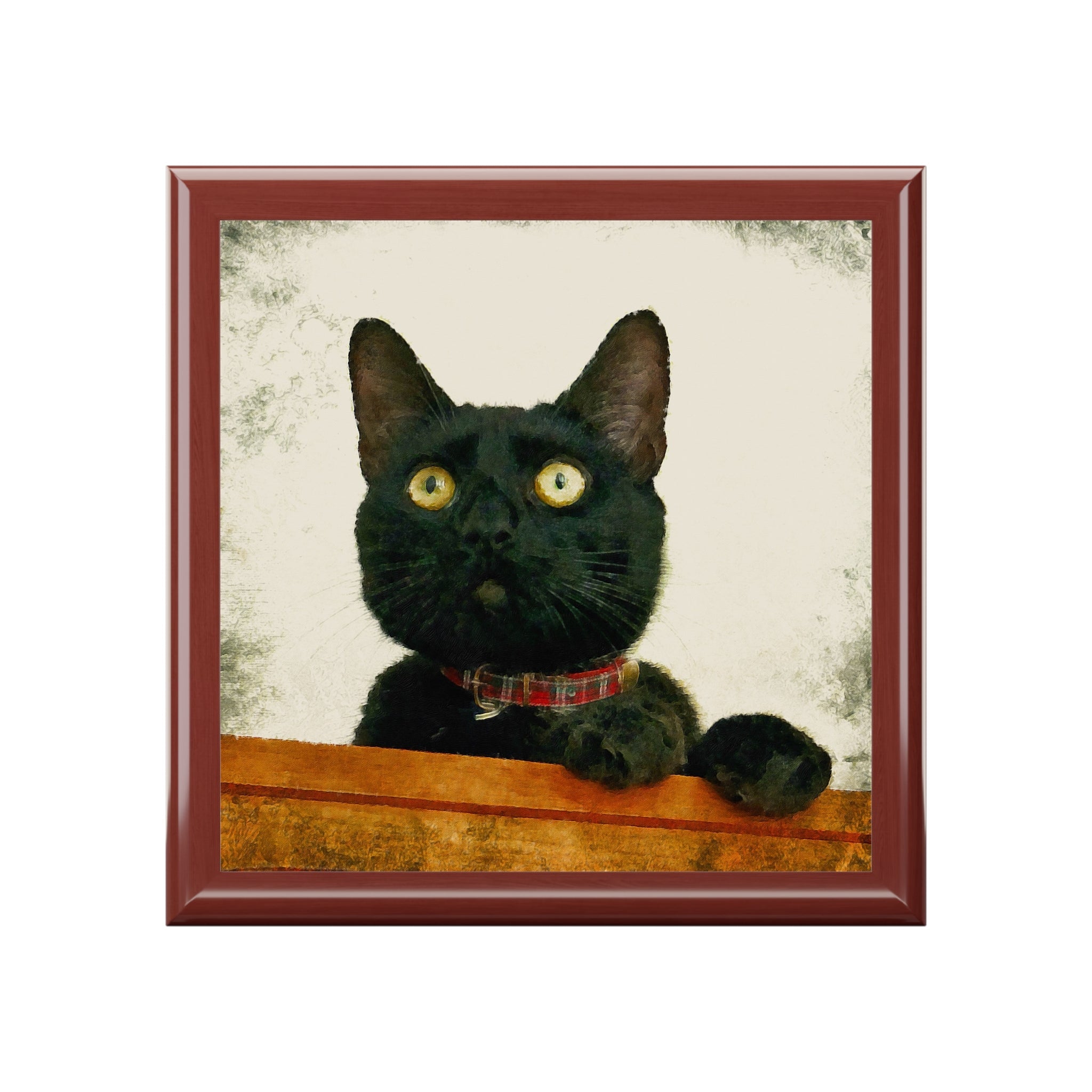 Juno black cat portrait on square-framed decorative tile with red plaid collar